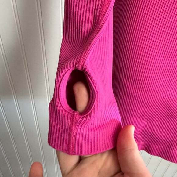 OQQ Bright Pink Ribbed Mock Neck Long Sleeve Tummy Control Mini Dress Large N44 - Picture 3 of 6